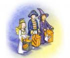 Τρία παιδιά ντυμένα για τέχνασμα ή θεραπεία - Ένα φάντασμα, μια μάγισσα και ένα διάβολο με τις σακούλες